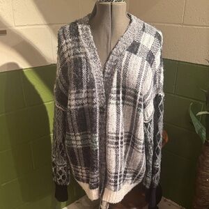 Free People Checkered Cardigan - Gray, Black, White, Green